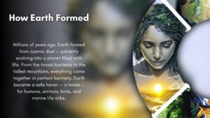  "Illustration of cosmic evolution with Earth forming from stardust. Text reads: 'From cosmic dust to a living planet — Earth became home to all life.'"