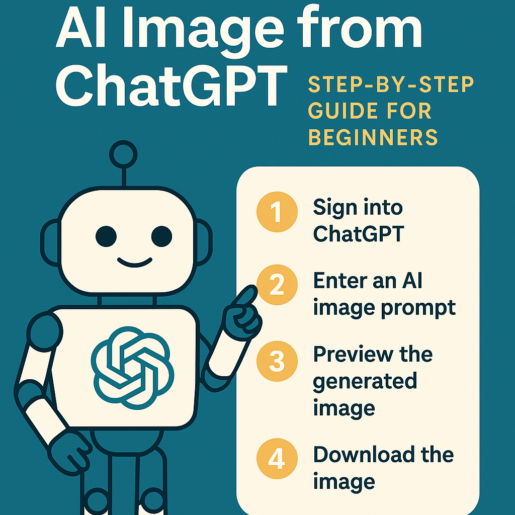 Infographic showing a robot with OpenAI logo pointing to a step-by-step guide on how to create an AI image from ChatGPT. The steps include: Sign into ChatGPT, Enter an AI image prompt, Preview the generated image, and Download the image. Background is teal with orange highlights.